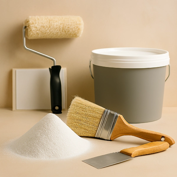 Rutile titanium dioxide powder with paint bucket and brushes for durable architectural coatings and exterior masonry paint.