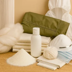 High-purity TiO2 powder shown with synthetic yarns to demonstrate TiO2 fiber delustering and TiO2 textile coating applications.